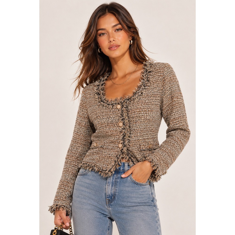Vintage Cache NWT Tweed Fringe Jacket Metallic Gold Brown Button Front Blazer
